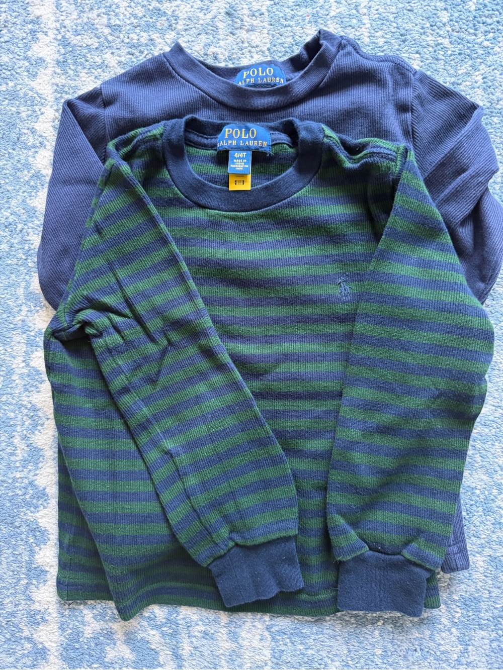 Two Polo by Ralph Lauren Navy and Green Striped Crewneck shirts